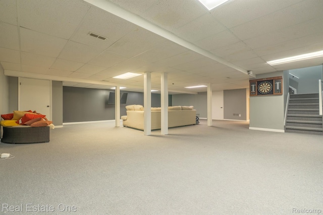14607 Stratford, Shelby Twp, MI 48315 - finished below grade area with stairway, carpet, and a paneled ceiling