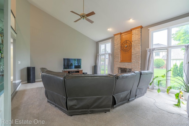 14607 Stratford, Shelby Twp, MI 48315 - living room featuring high vaulted ceiling, light colored carpet, ceiling fan, a brick fireplace, and recessed lighting