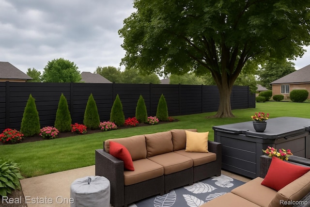 14607 Stratford, Shelby Twp, MI 48315 - view of patio with an outdoor living space and a hot tub