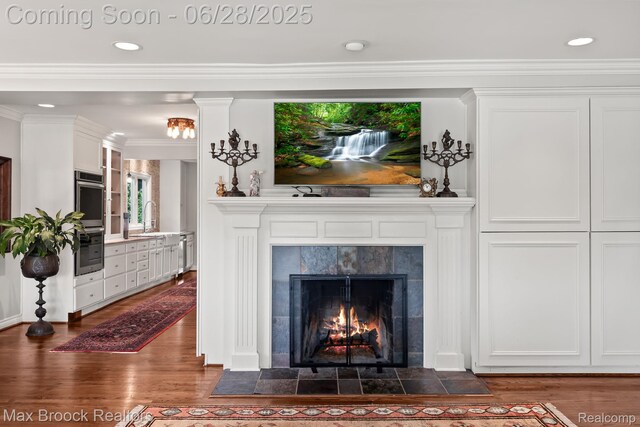 6847 Alden Dr, West Bloomfield, MI 48324 - living area featuring dark wood-style flooring, a high end fireplace, recessed lighting, and crown molding