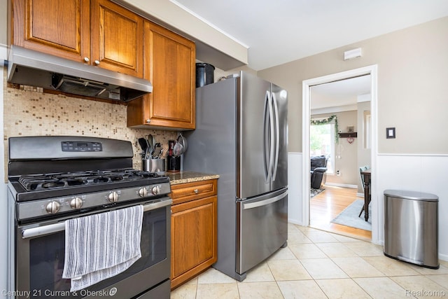 32204 Leelane, Farmington, MI 48336 - kitchen with appliances with stainless steel finishes, under cabinet range hood, brown cabinets, wainscoting, and backsplash