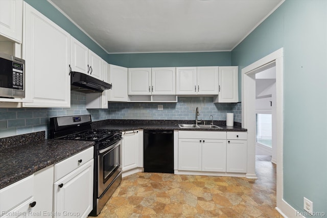 1 Grand Blvd, Battle Creek, MI 49015 - kitchen featuring stainless steel appliances, under cabinet range hood, white cabinetry, tasteful backsplash, and light stone finish flooring