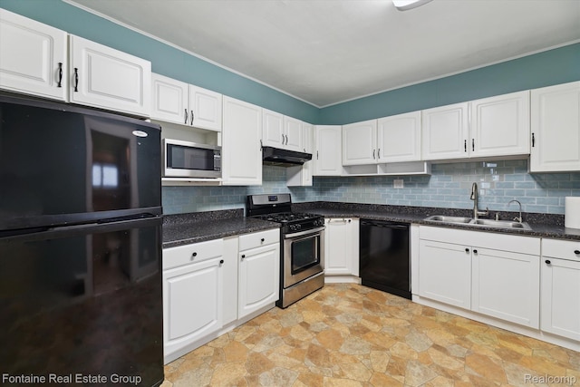 1 Grand Blvd, Battle Creek, MI 49015 - kitchen featuring black appliances, under cabinet range hood, tasteful backsplash, white cabinets, and ornamental molding