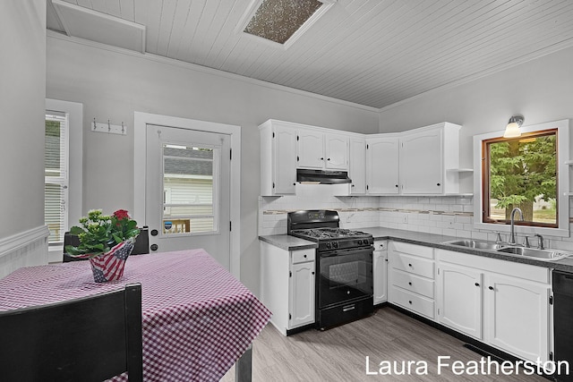 1119 White Ave NW, Grand Rapids, MI 49504 - kitchen featuring black appliances, under cabinet range hood, white cabinetry, ornamental molding, and wood finished floors