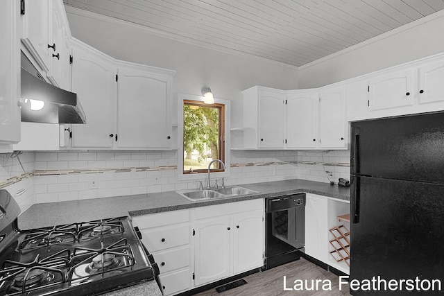 1119 White Ave NW, Grand Rapids, MI 49504 - kitchen featuring black appliances, white cabinets, decorative backsplash, dark countertops, and crown molding