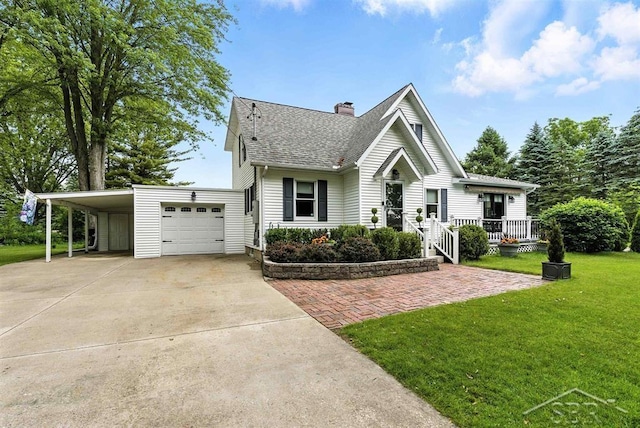2816 Chippewa Ln, Midland, MI 48640 - view of front of property featuring a front yard, a carport, driveway, a chimney, and roof with shingles