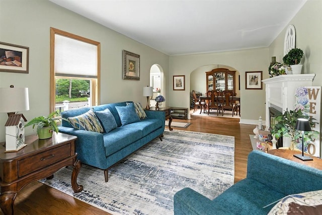 2816 Chippewa Ln, Midland, MI 48640 - living room with arched walkways, wood finished floors, and healthy amount of natural light