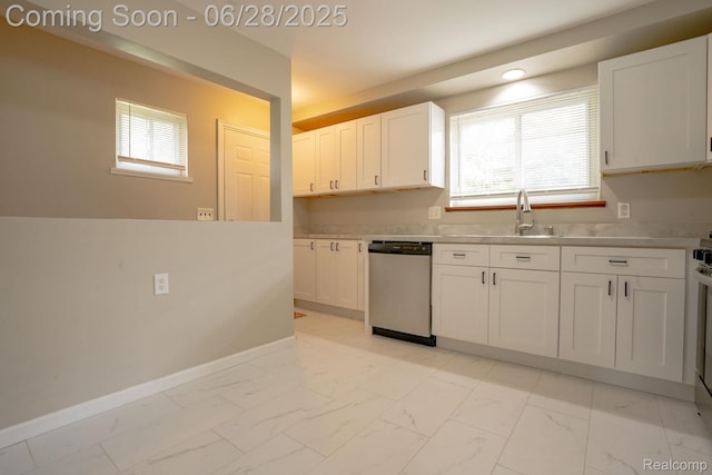 23320 Beechwood Ave, Eastpointe, MI 48021 - kitchen featuring stainless steel dishwasher, light marble finish flooring, white cabinetry, light countertops, and recessed lighting