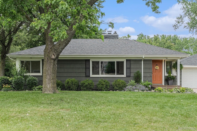 5690 Corunna Ave, Clarkston, MI 48346 - ranch-style house featuring a front lawn, a shingled roof, and a chimney