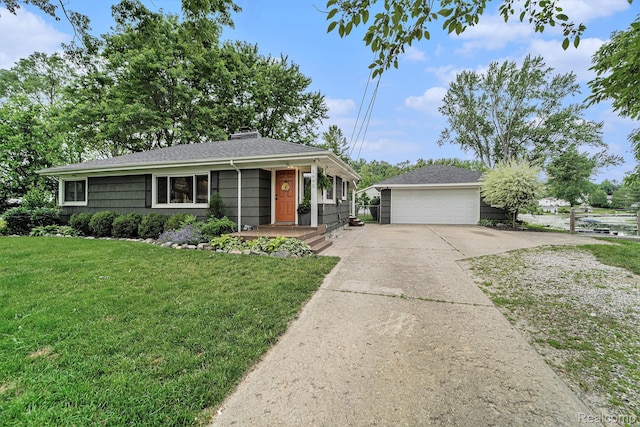 5690 Corunna Ave, Clarkston, MI 48346 - ranch-style home featuring a detached garage, a front lawn, an outdoor structure, a chimney, and a shingled roof
