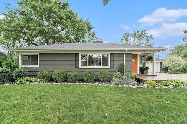 5690 Corunna Ave, Clarkston, MI 48346 - ranch-style house with a front yard, a chimney, roof with shingles, and driveway