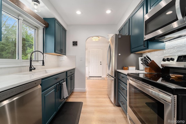 5690 Corunna Ave, Clarkston, MI 48346 - kitchen featuring stainless steel appliances, backsplash, light countertops, light wood-style floors, and recessed lighting
