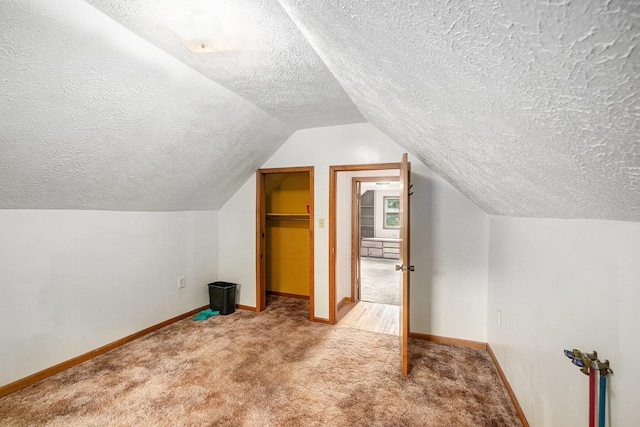863 E Wilcox Ave, White Cloud, MI 49349 - additional living space featuring a textured ceiling, carpet flooring, and vaulted ceiling