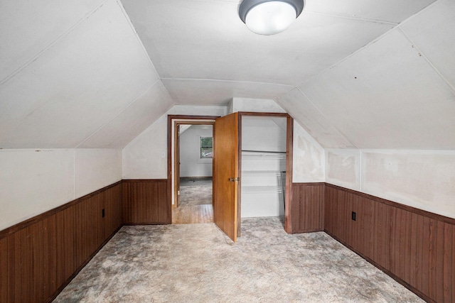 863 E Wilcox Ave, White Cloud, MI 49349 - bonus room with wood walls, wainscoting, vaulted ceiling, and light carpet