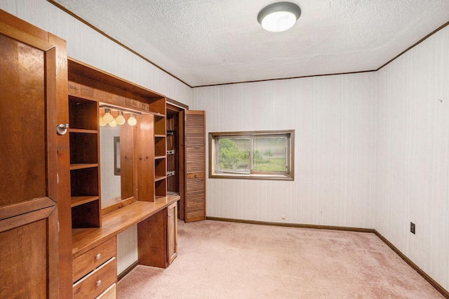 863 E Wilcox Ave, White Cloud, MI 49349 - unfurnished office with light colored carpet, a textured ceiling, built in study area, and ornamental molding