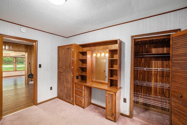 863 E Wilcox Ave, White Cloud, MI 49349 - unfurnished office featuring ornamental molding, a textured ceiling, light colored carpet, and wooden walls