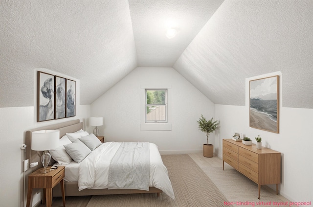 863 E Wilcox Ave, White Cloud, MI 49349 - bedroom with a textured ceiling, light carpet, and vaulted ceiling
