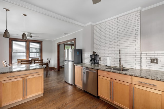 313 Moross Rd, Grosse Pointe Farms, MI 48236 - kitchen with stainless steel appliances, ceiling fan, backsplash, stone counters, and ornamental molding