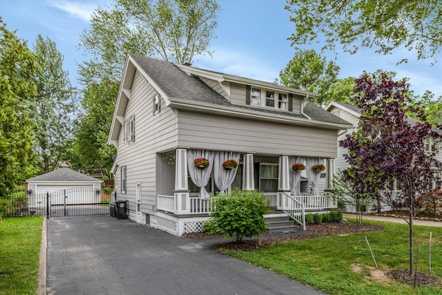 313 Moross Rd, Grosse Pointe Farms, MI 48236 - view of front of property featuring a gate, covered porch, an outbuilding, a shingled roof, and a garage