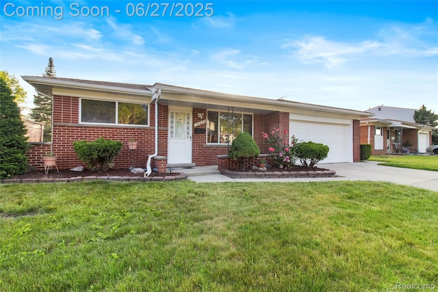 29405 Van Laan Dr, Warren, MI 48092 - ranch-style house featuring brick siding, an attached garage, driveway, and a front lawn