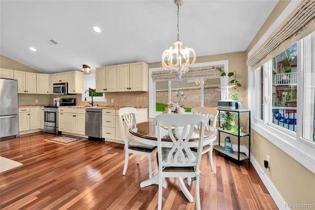 8320 Lagoon St, Commerce Twp, MI 48382 - dining space with a chandelier, plenty of natural light, dark wood finished floors, vaulted ceiling, and recessed lighting