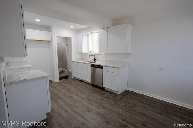 21212 Universal Ave, Eastpointe, MI 48021 - kitchen with dishwasher, white cabinetry, dark wood finished floors, light stone counters, and recessed lighting