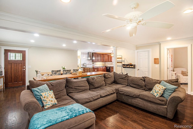 8406 W Ellis Rd, Davisburg, MI 48350 - living room with ornamental molding, dark wood-style flooring, recessed lighting, a ceiling fan, and decorative columns
