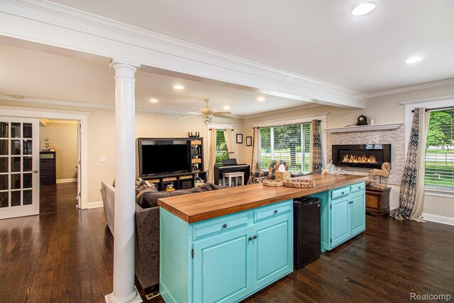 8406 W Ellis Rd, Davisburg, MI 48350 - kitchen featuring wooden counters, blue cabinets, open floor plan, dark wood-type flooring, and recessed lighting