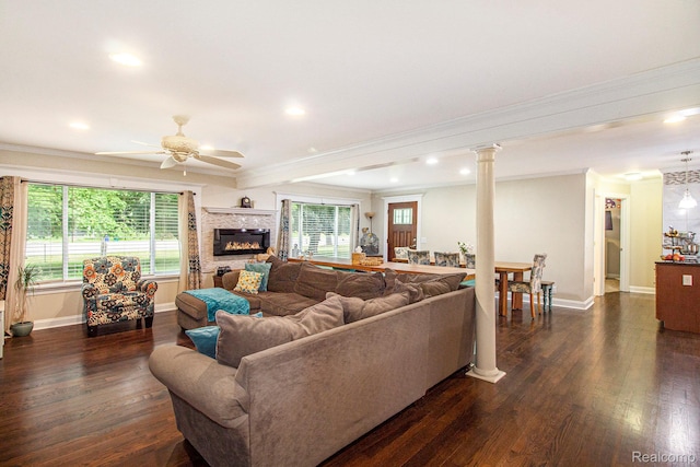 8406 W Ellis Rd, Davisburg, MI 48350 - living room featuring crown molding, dark wood-style floors, a ceiling fan, healthy amount of natural light, and recessed lighting