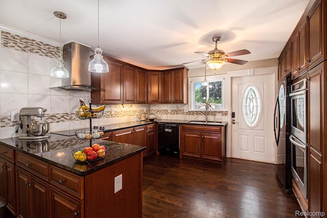 8406 W Ellis Rd, Davisburg, MI 48350 - kitchen featuring wall chimney range hood, black appliances, ceiling fan, decorative backsplash, and ornamental molding