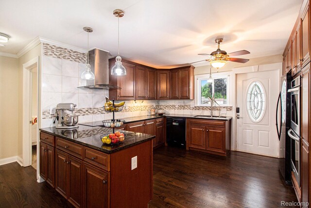 8406 W Ellis Rd, Davisburg, MI 48350 - kitchen with black appliances, extractor fan, tasteful backsplash, a ceiling fan, and dark wood finished floors