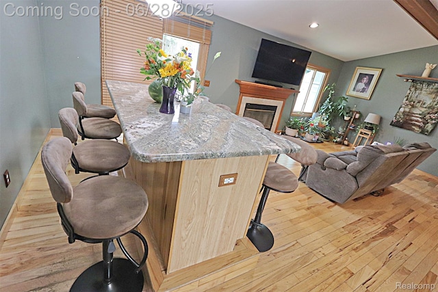 1640 High Pointe Dr, Commerce Twp, MI 48390 - living room featuring light wood-style flooring, recessed lighting, and a tiled fireplace