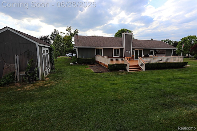 1640 High Pointe Dr, Commerce Twp, MI 48390 - back of property with a yard, a wooden deck, an outdoor structure, and a chimney