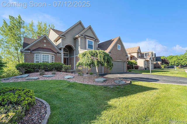 7590 Acorn Hill Ct, West Bloomfield, MI 48323 - traditional-style house featuring brick siding, asphalt driveway, a front lawn, and an attached garage