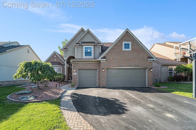 7590 Acorn Hill Ct, West Bloomfield, MI 48323 - view of front of home featuring brick siding, driveway, a front lawn, and an attached garage