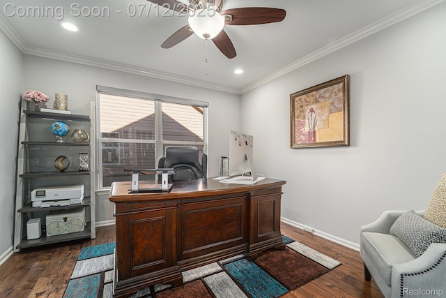 7590 Acorn Hill Ct, West Bloomfield, MI 48323 - home office featuring ceiling fan, dark wood-style flooring, crown molding, and recessed lighting