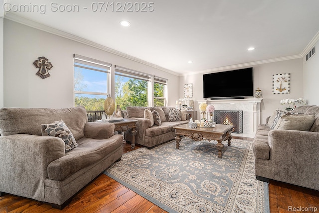 7590 Acorn Hill Ct, West Bloomfield, MI 48323 - living room featuring ornamental molding, dark wood finished floors, a premium fireplace, and recessed lighting