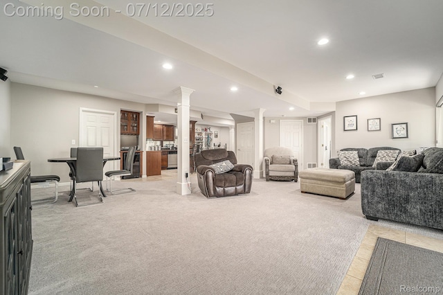 7590 Acorn Hill Ct, West Bloomfield, MI 48323 - living area featuring recessed lighting, decorative columns, light carpet, light tile patterned floors, and bar