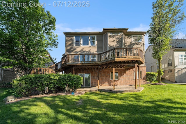 7590 Acorn Hill Ct, West Bloomfield, MI 48323 - rear view of house with a wooden deck, a yard, stairs, and brick siding