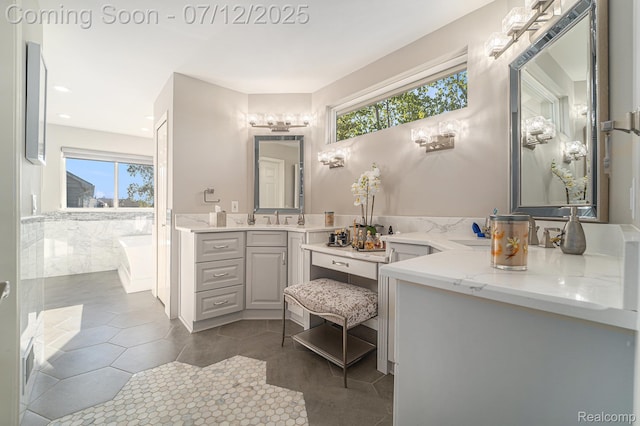 7590 Acorn Hill Ct, West Bloomfield, MI 48323 - full bathroom featuring vanity, tile patterned floors, recessed lighting, and a tub to relax in