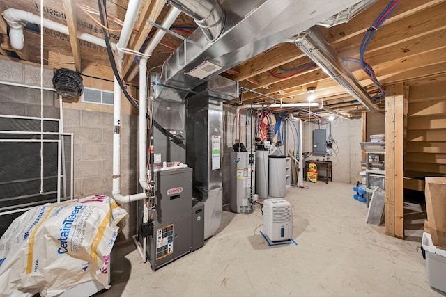 70749 Sunset Blvd, Union, MI 49130 - unfinished below grade area featuring gas water heater, electric panel, a water softener system, and heating unit