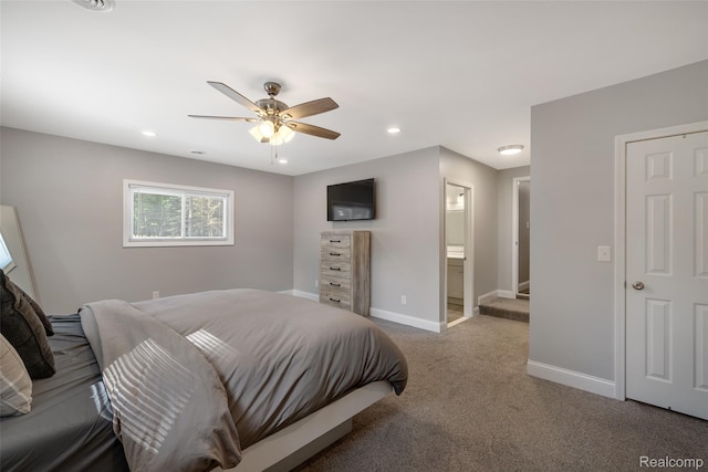 6590 Swartout Rd, Clay, MI 48001 - carpeted bedroom with recessed lighting, a ceiling fan, and connected bathroom