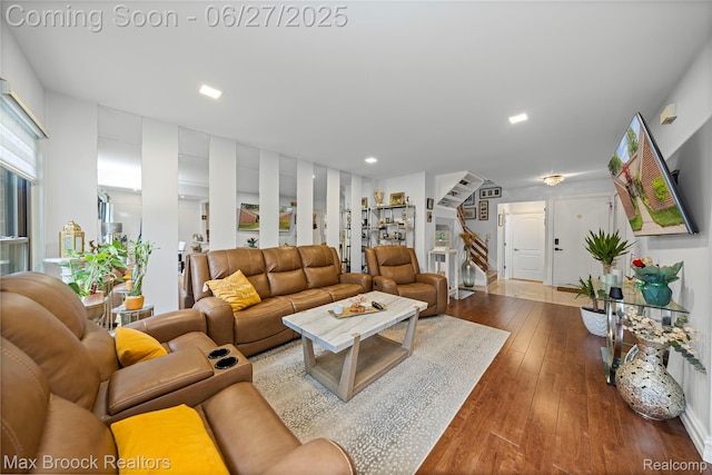 31723 Forest Ln, Warren, MI 48093 - living area with stairway, wood-type flooring, and recessed lighting