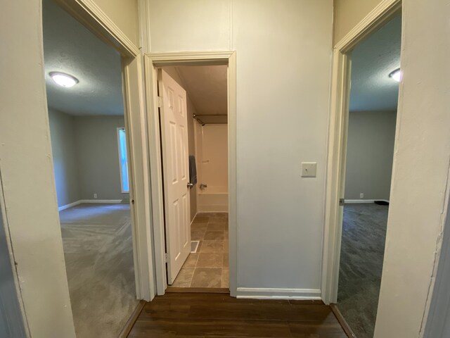 6317 E 76th St, Newaygo, MI 49337 - corridor with wood finished floors, a textured ceiling, and carpet