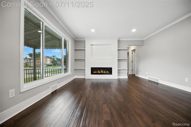 1418 W 13 Mile Rd, Royal Oak, MI 48073 - unfurnished living room with wood finished floors, ornamental molding, a fireplace, recessed lighting, and built in shelves