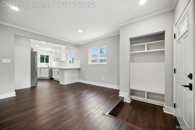 1418 W 13 Mile Rd, Royal Oak, MI 48073 - unfurnished living room featuring dark wood finished floors, recessed lighting, and crown molding