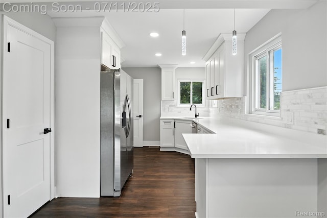 1418 W 13 Mile Rd, Royal Oak, MI 48073 - kitchen featuring stainless steel fridge, a peninsula, dark wood-style floors, decorative backsplash, and recessed lighting
