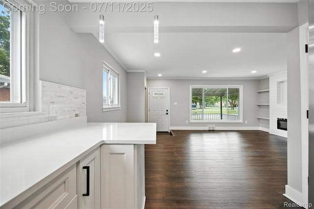 1418 W 13 Mile Rd, Royal Oak, MI 48073 - kitchen with ornamental molding, dark wood-type flooring, light countertops, open floor plan, and a large fireplace