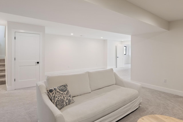 6581 Timpson Ave SE, Alto, MI 49302 - living room with light carpet, recessed lighting, and stairway