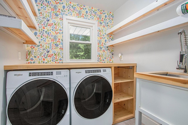 3365 Circle Dr, Saint Joseph, MI 49085 - laundry room with washing machine and clothes dryer and wallpapered walls